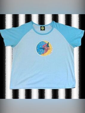 tunnel vision blue baseball style skater baby tee with cute moon fairy graphic